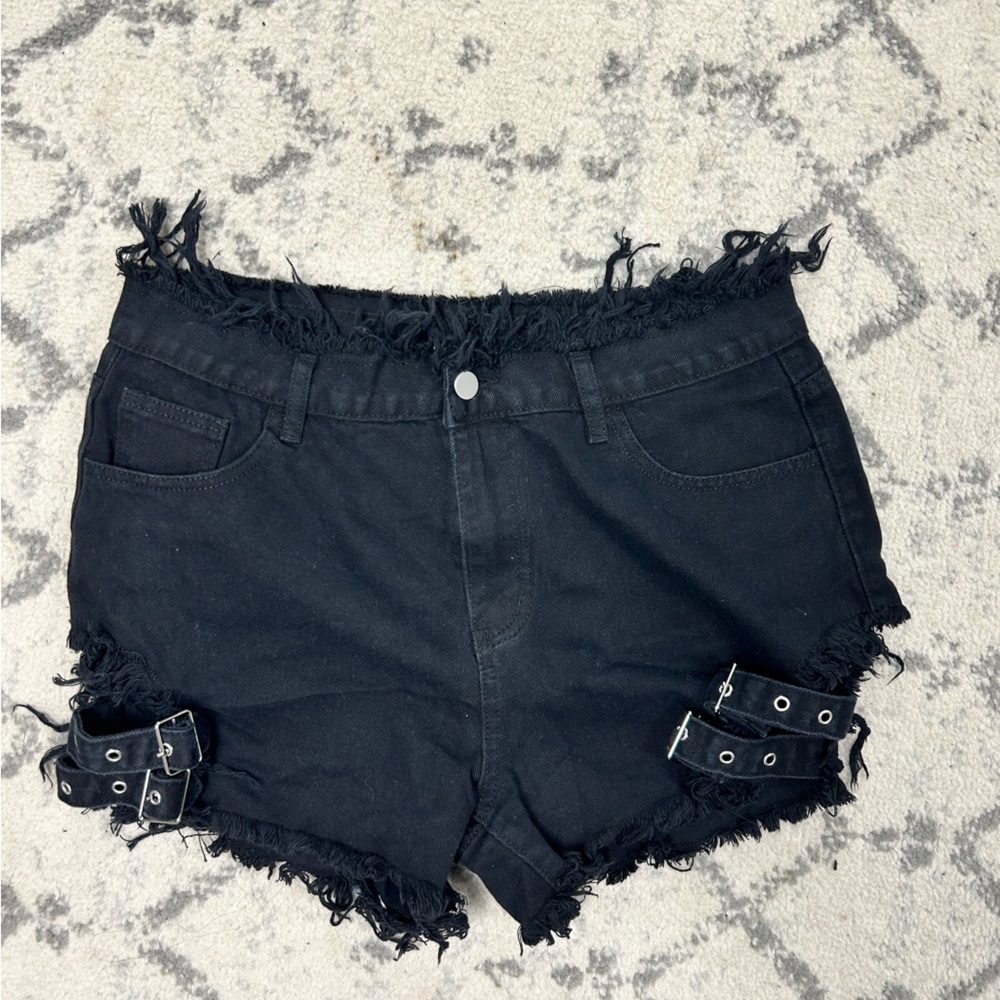 Women’s black denim buckle flame shorts size xl like new alternative festival